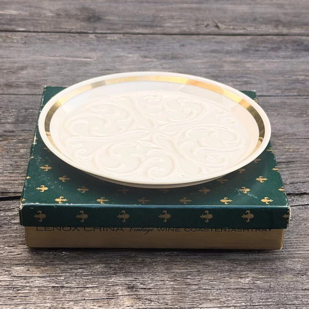 Vintage Lenox SEVILLE Collection Wine Coaster Ashtray Ivory 24K Gold Trim W/BOX